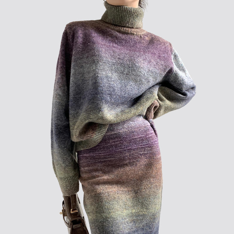 Gradient purple turtleneck sweater long skirt suit two-piece set