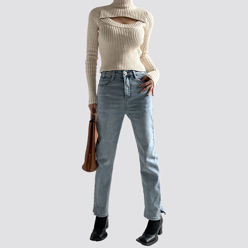 Ribbed off-white short tight-fitting hollow long-sleeved sweater