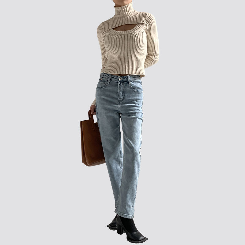 Ribbed off-white short tight-fitting hollow long-sleeved sweater