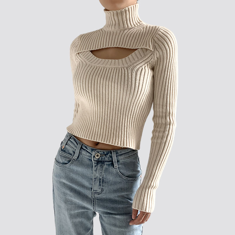 Ribbed off-white short tight-fitting hollow long-sleeved sweater