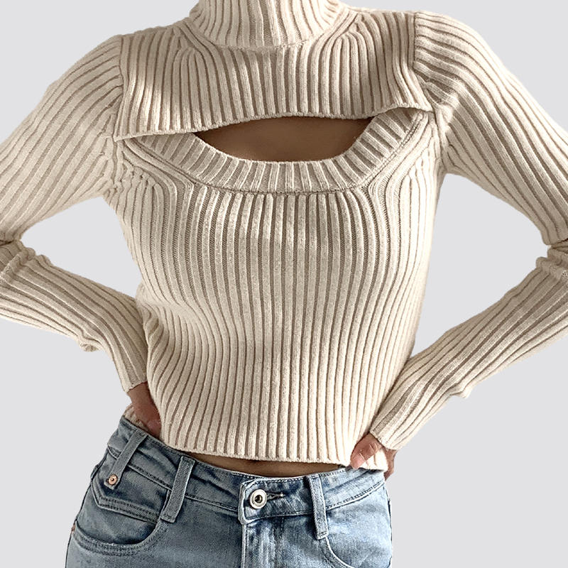 Ribbed off-white short tight-fitting hollow long-sleeved sweater