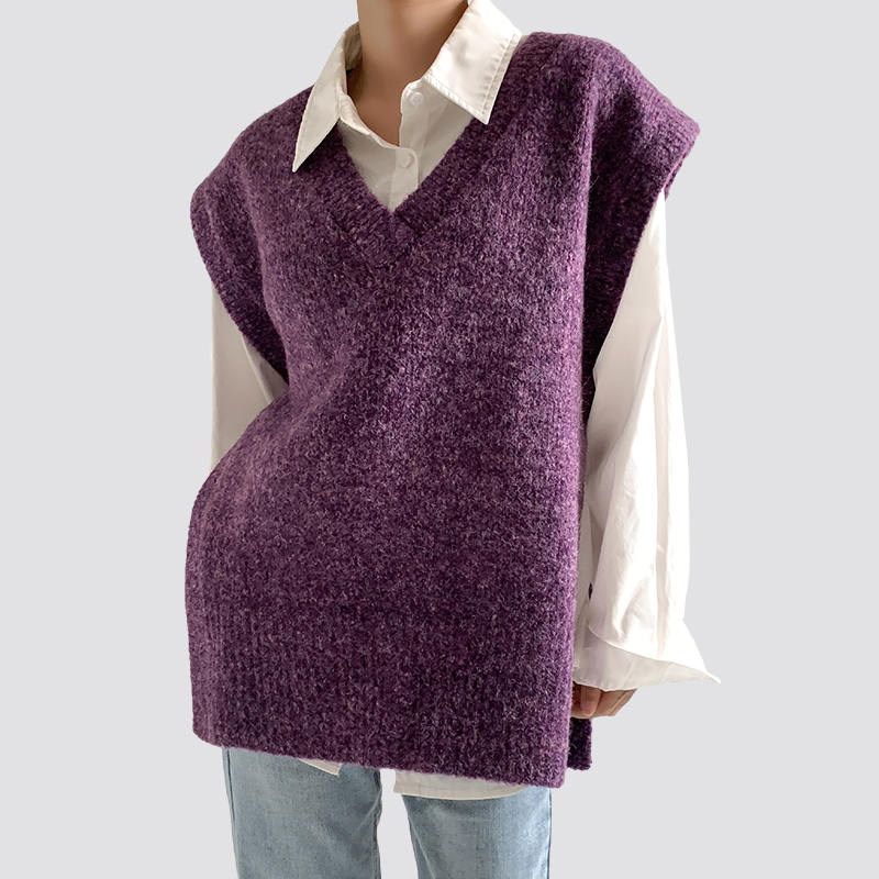 Women's V Neck Oversized Loose Knit Purple Sweater Vest