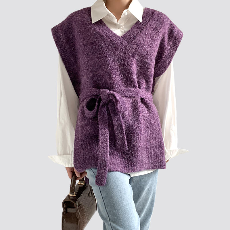 Women's V Neck Oversized Loose Knit Purple Sweater Vest