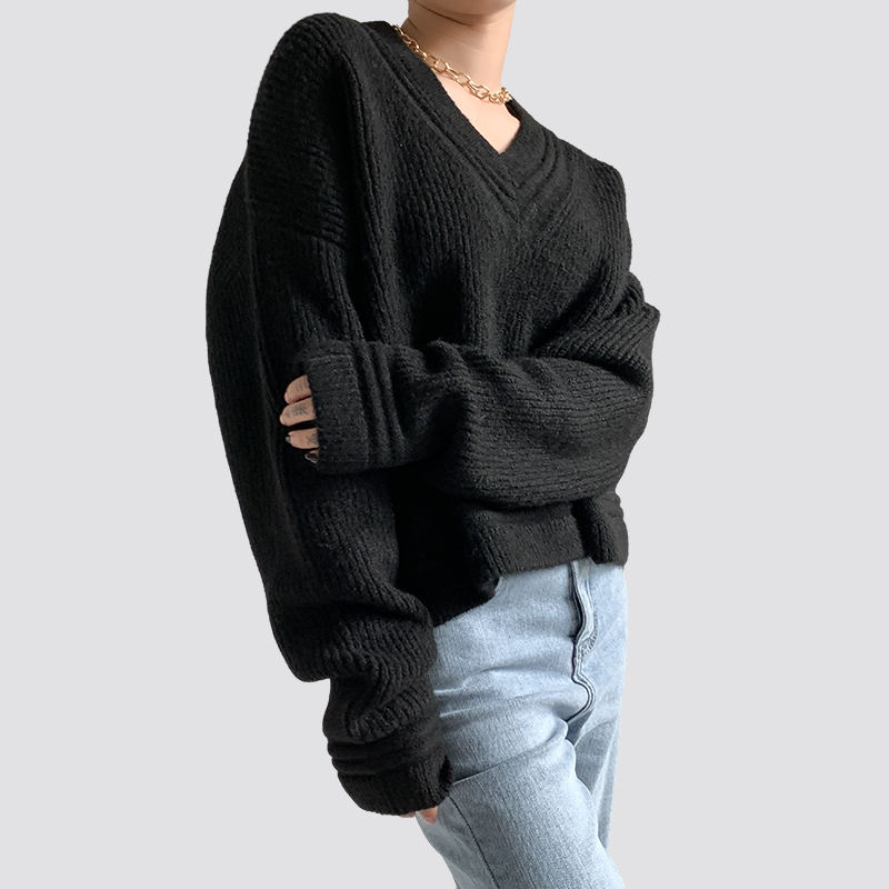 Women black ribbed loose V-neck long-sleeved sweater