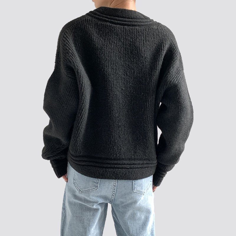 Women black ribbed loose V-neck long-sleeved sweater