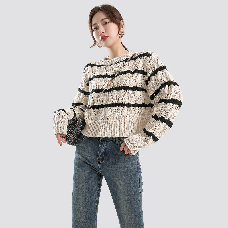 Women's Black Striped Crewneck Cotton and Linen handfeel Sweaters