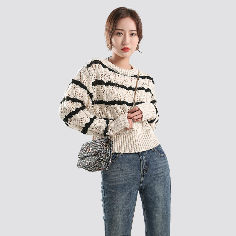 Women's Black Striped Crewneck Cotton and Linen handfeel Sweaters