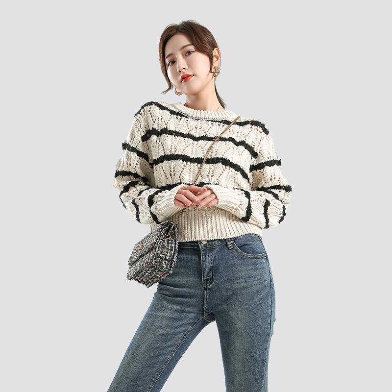 Women's Black Striped Crewneck Cotton and Linen handfeel Sweaters