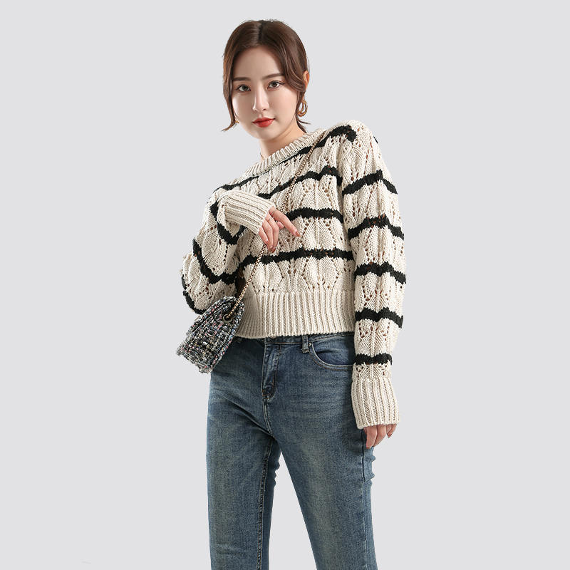 Women's Black Striped Crewneck Cotton and Linen handfeel Sweaters