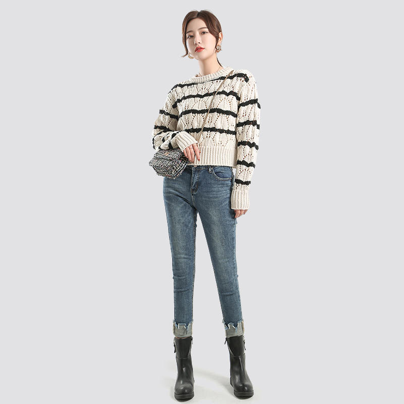 Women's Black Striped Crewneck Cotton and Linen handfeel Sweaters