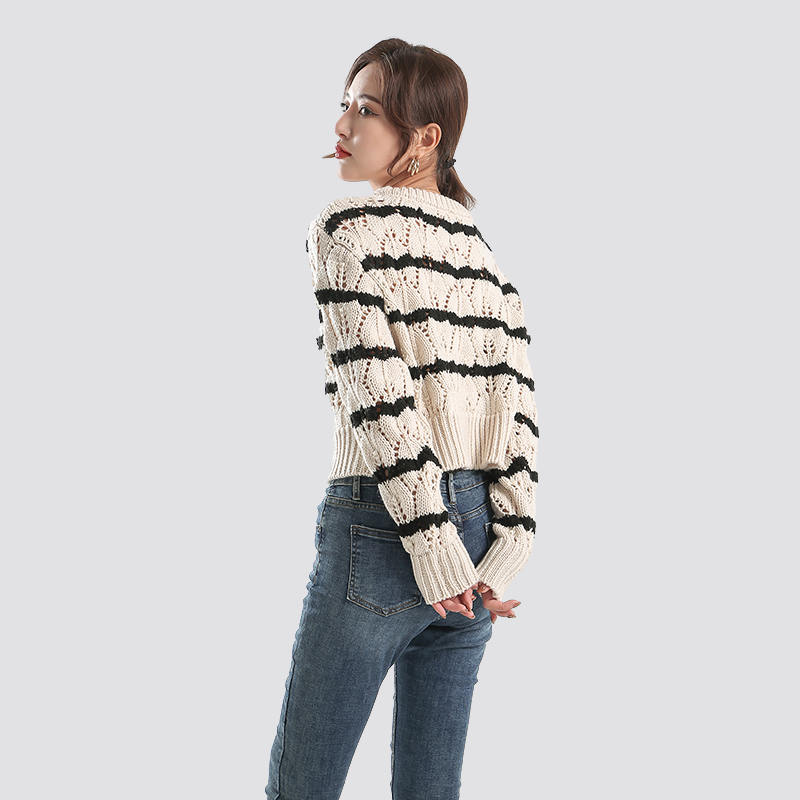 Women's Black Striped Crewneck Cotton and Linen handfeel Sweaters