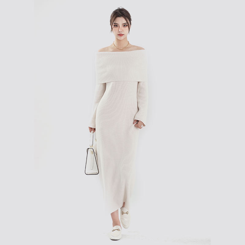 White Elegant Off-Shoulder Knitted Long Sweater Dress