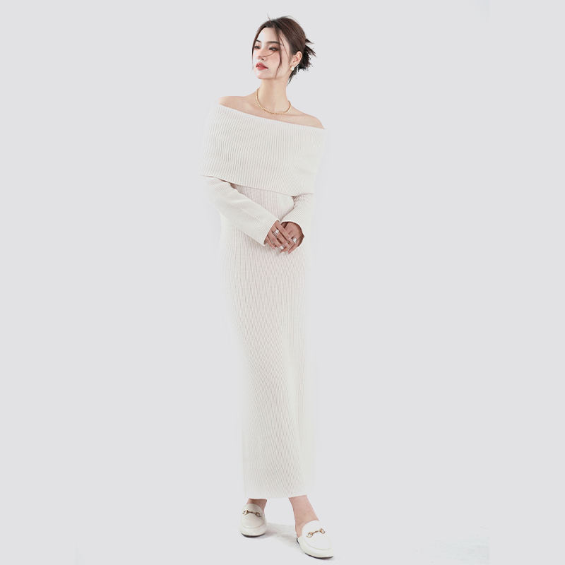 White Elegant Off-Shoulder Knitted Long Sweater Dress