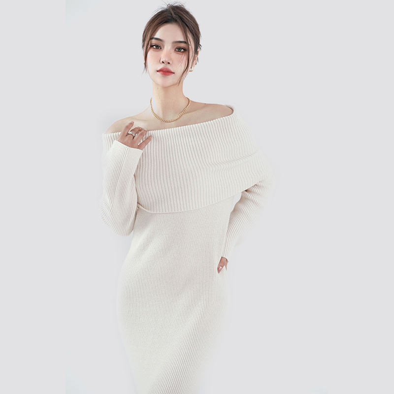 White Elegant Off-Shoulder Knitted Long Sweater Dress