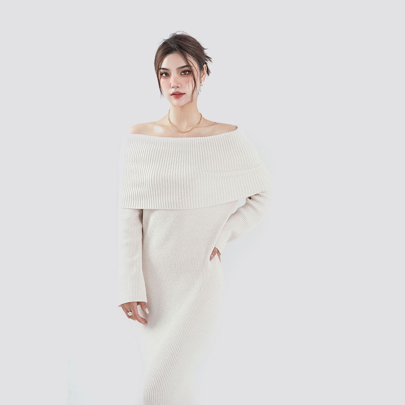 White Elegant Off-Shoulder Knitted Long Sweater Dress