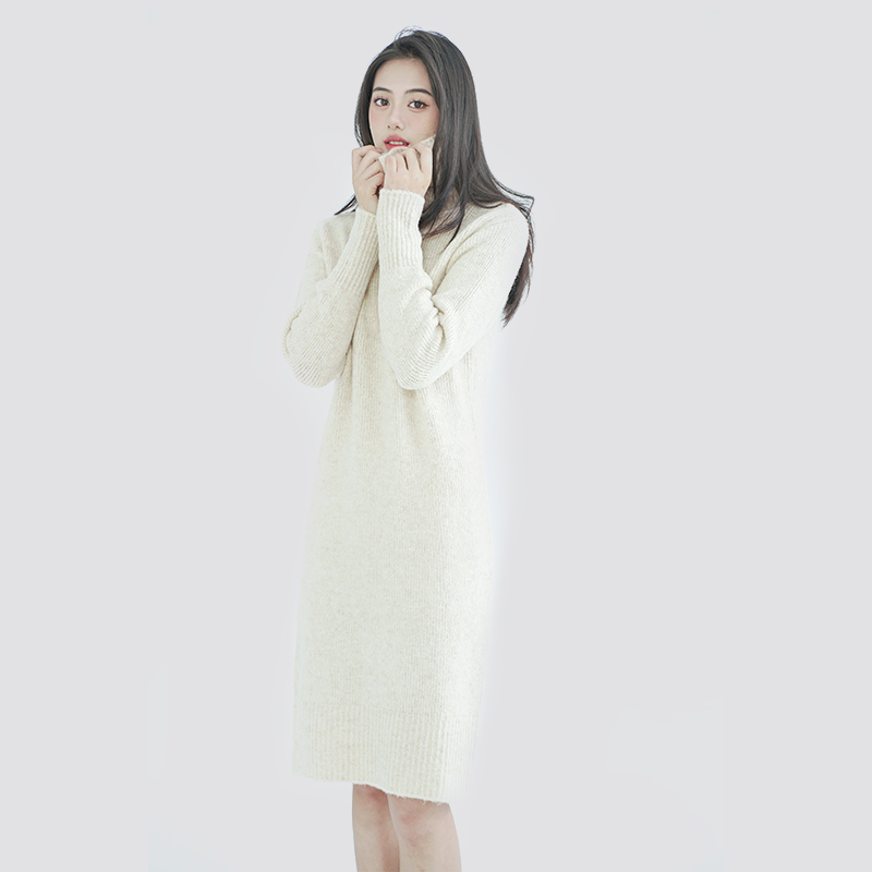 Winter White Turtleneck Long Knitted Sweater Dress