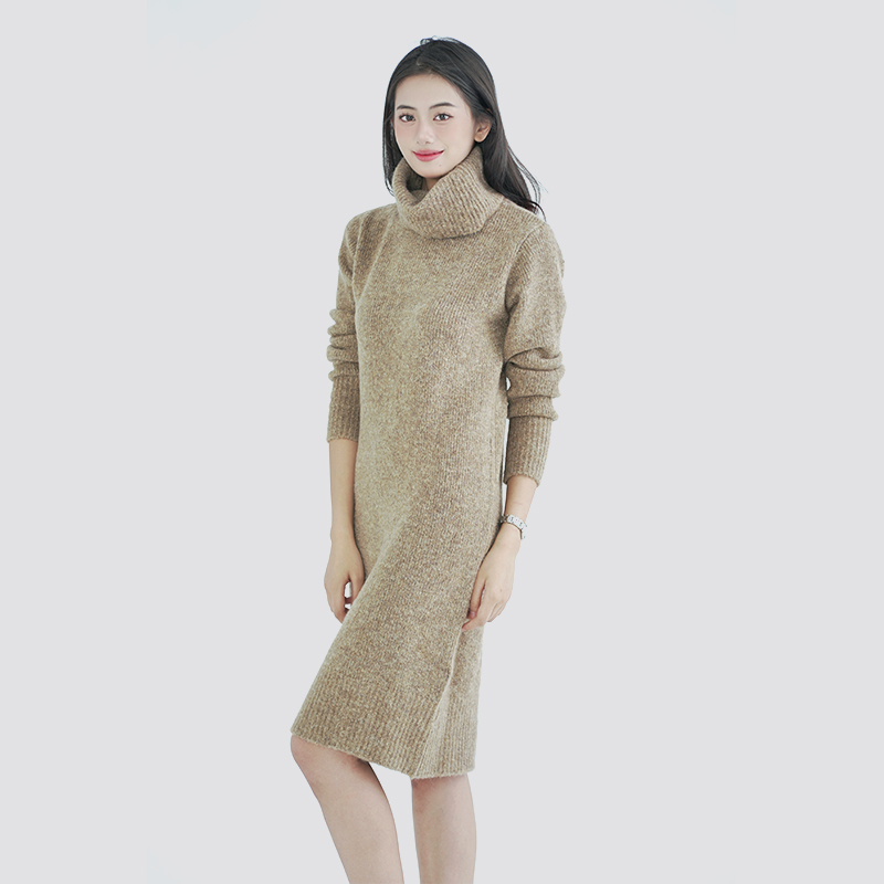 Brown turtleneck knitted long skirt