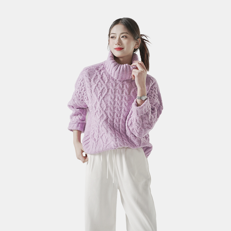 Cable scarf collar purple sweater