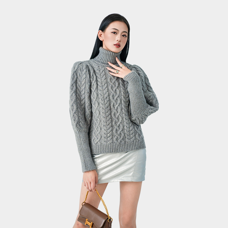 Bubble sleeve twisted turtleneck sweater